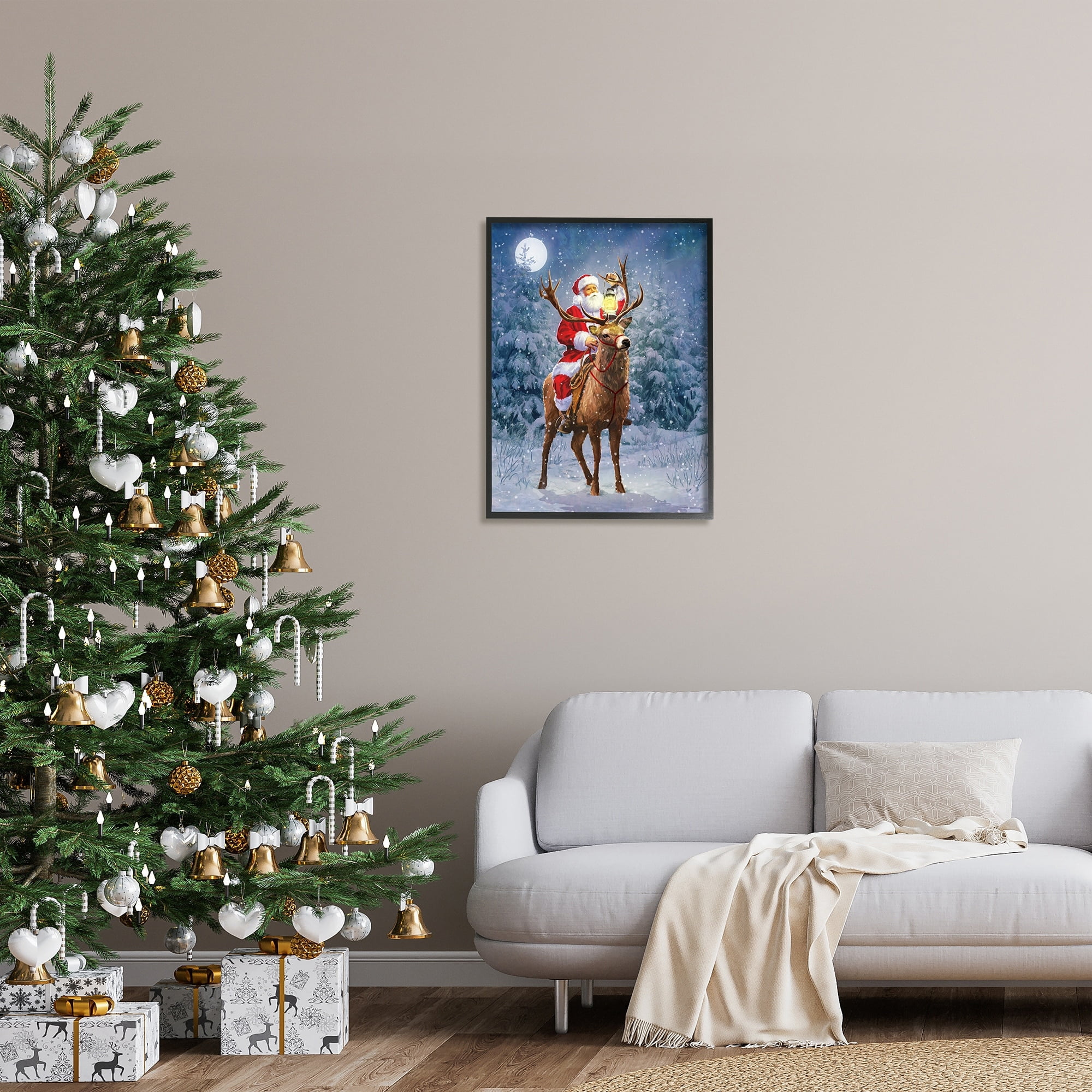 Stupell Industries Santa Riding Reindeer Landscape Holiday Painting Black Framed Art Print Wall Art