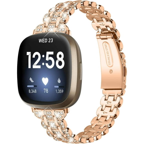 REQO Replacement Watch Bands Compatible with Fitbit Versa 4/Sense 2 for Women,Stainless Steel Dressy Jewelry Bracelet Slim Bling Crystal Classy Metal Strap