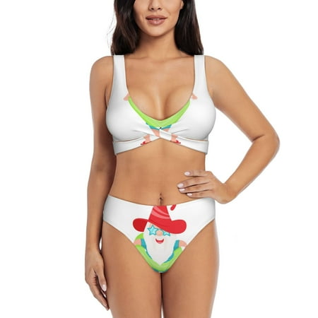 Zeuib Hello Summer Gnome 2 High Waisted Tummy Control Bikini Set - Knot Front Push Up Top & Cheeky Thong Bottom  Two-Piece Swimsuit for Women-Large