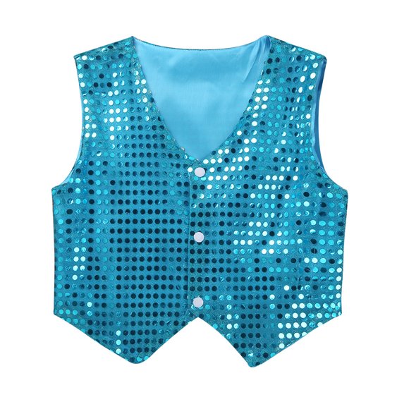 YUUMIN Kids Boys Girls Sequins Jacket Vest Waistcoat Button Down Hip Hop Jazz Dance Choir Disco Costume Light Blue 150