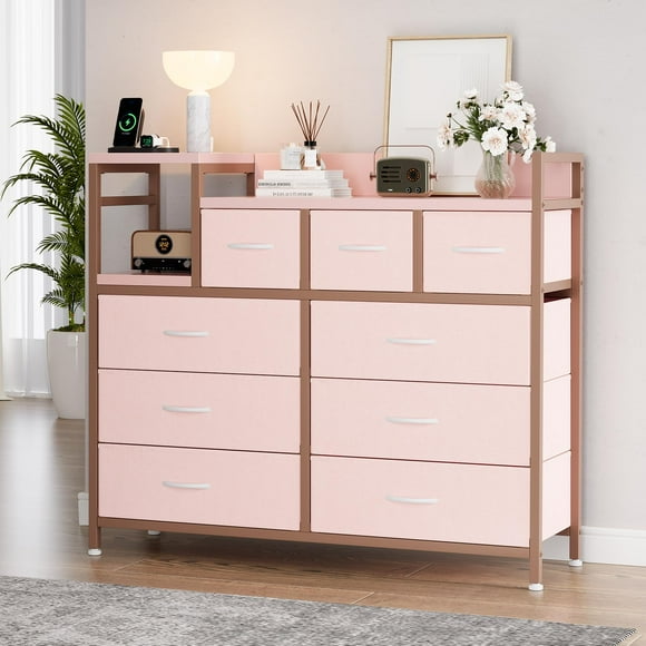 EDTara 39" Modern Fabric Drawer Dresser TV Stand, Multi-Functional Charging Station, Chest of Drawers for Bedroom, Living Room, Hallway
