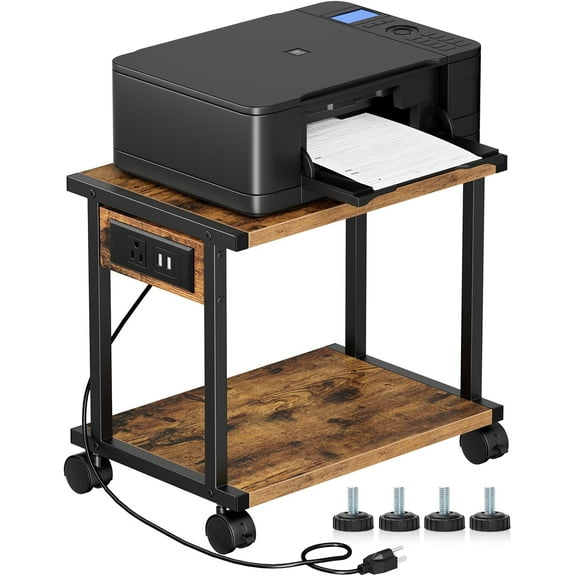 2-Tier Printer Table with Charging Station for Home Office Organization - Small Stand with Wheels for Scanner, Under or Beside Desk Storage Cart - Rustic Brown
