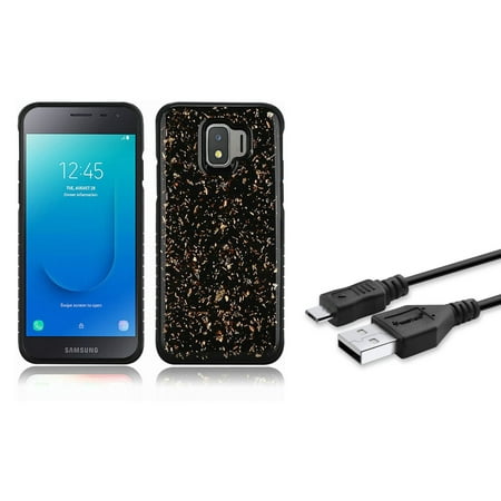 Insten Scattered Frozen Gold Glitter Dual Layer Hybrid PC/TPU Rubber Case Cover For Samsung Galaxy J2 (2019) - Black (Bundle with Micro USB