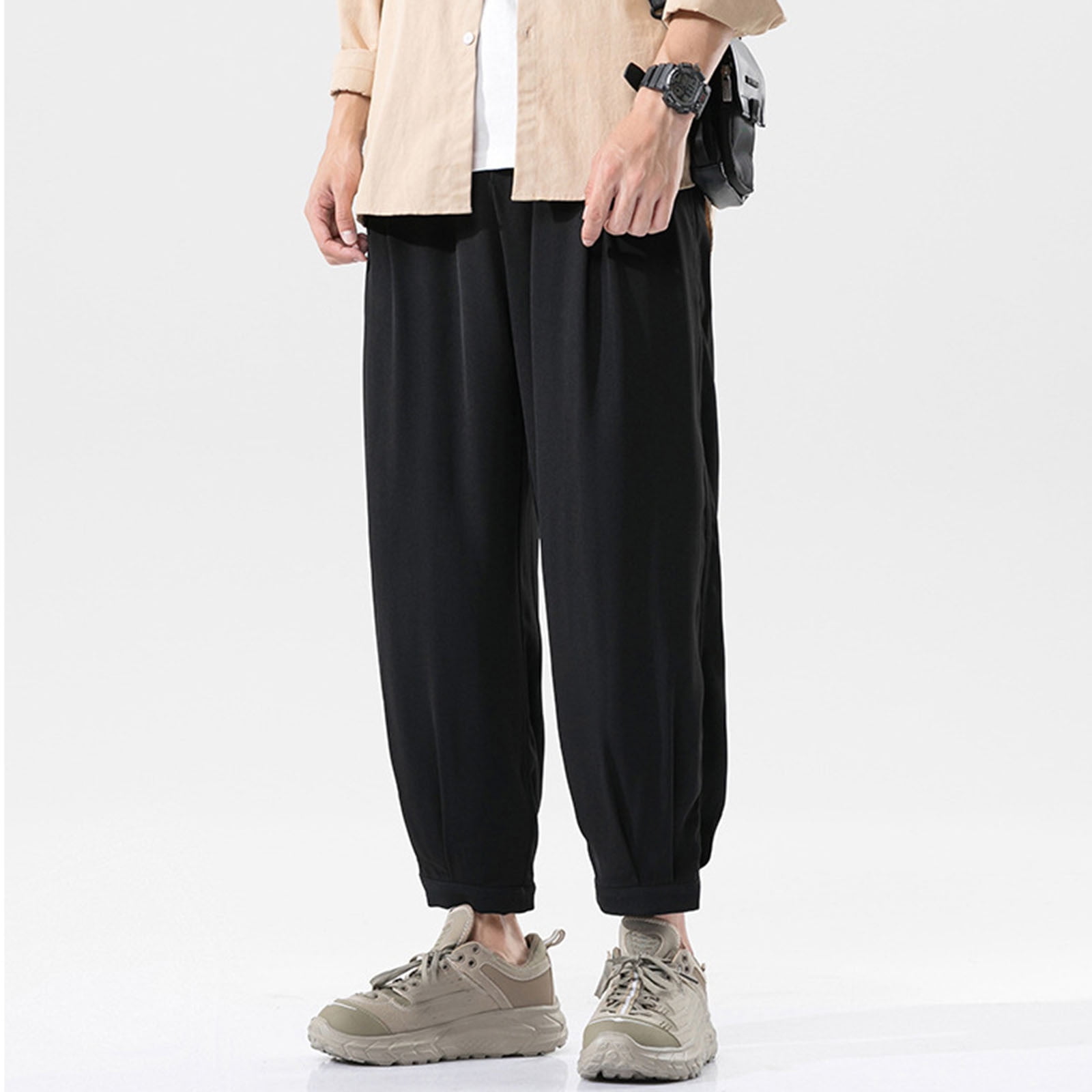 PEASKJP Youth Baseball Pants Male Casual Loose Cotton Yoga Wide Leg Pants  Black M