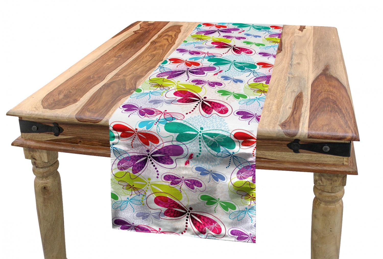 Dragonfly Table Runner, Modern Dragonfly and Floral Pattern Hydrangea Petals Like Fireworks