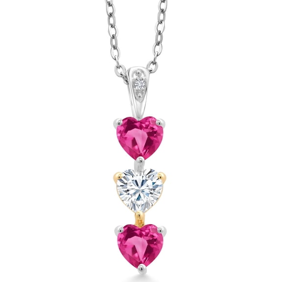 Gem Stone King Keren Hanan Lab Grown Diamond 3 Stone Heart Shape Pendant Necklace with Chain 925 Silver and 10K Yellow Gold Created Sapphire Moissanite Near Colorless (GH) (1.71 Cttw)
