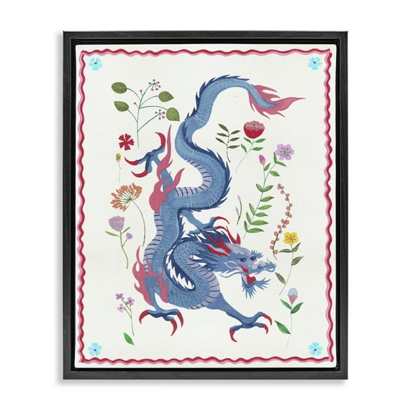 Stupell Industries Cultural Dragon & Plants Fantasy & Sci-Fi Painting Black Floater Framed Canvas Art Print Wall Art, 17 x 21