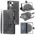 thumbnail image 6 of Compatible with Galaxy iPhone 13 Case Wallet for Women, Mandala Floral Embosssed PU Leather Folio Zipper Cover Magnetic Flip Book Case with Card Holder Wrist Strap,Gray, 6 of 9