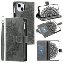 Dteck Zipper Wallet Case for iPhone 14,Magnetic Durable PU Leather Flower Embossed Case Zipper Card Holder Wallet Kickstand Cover with Detachable Shoulder Strap/Wrist Strap,Gray
