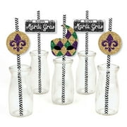 Big Dot of Happiness Mardi Gras Paper Straw Decor - Masquerade Party Striped Decorative Straws - Set of 24