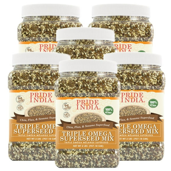 Pride Of India - PACK of 6 - Triple Omega Superseed Mix - Protein, Fiber, Calcium, Iron, Omega-3, Omega-6, Thiamin Rich Superfood w/Chia Flax & Sesame Seeds, 2 lbs Jar