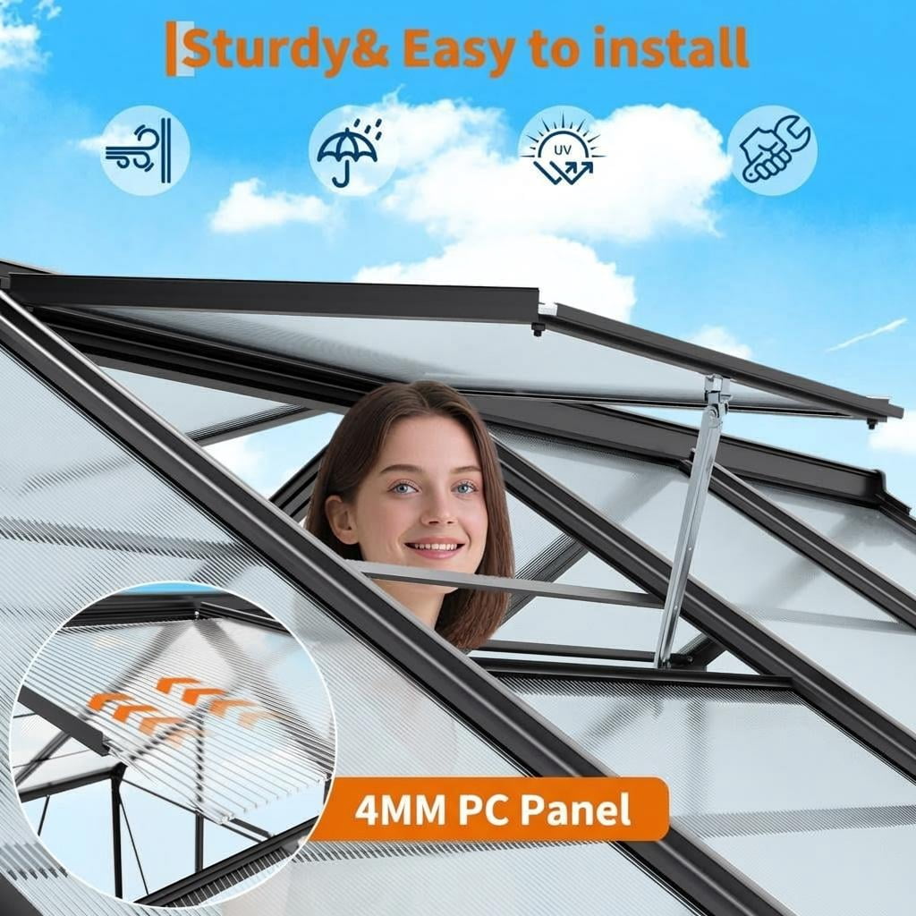 8x10FT Walk-In Aluminum Greenhouse, Heavy Duty Polycarbonate, Quick Setup with Roof Vent & Lockable Door for Backyard/Patio