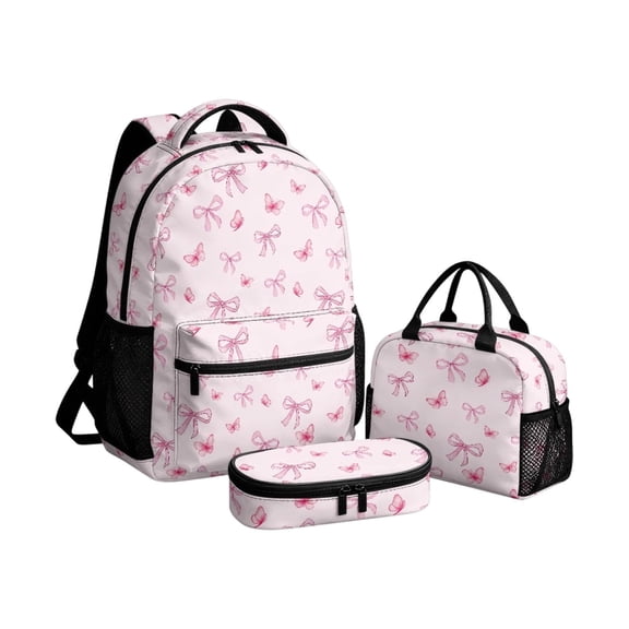 3-Piece Bow Print Backpack Set for Girls, Polyester School Backpack with Lunch Tote Bag & Pencil Case, Lightweight Student Schoolbag Kit,D