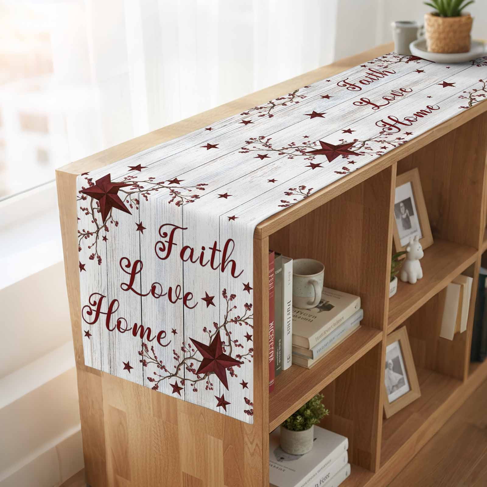 Retro Red Country Stars Table Runner, Faith Love Home Berries White Wood Striped Cotton Linen Kitchen Table Decoration Washable Dining Tabletop Runners for Home Party Decor 18x72 Inches