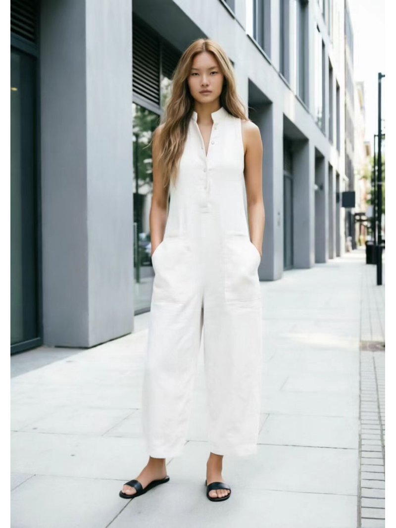 Button 1 Women's Sleeveless Cotton Jumpsuit, Stand Collar Half‑Button Wide‑Leg ...