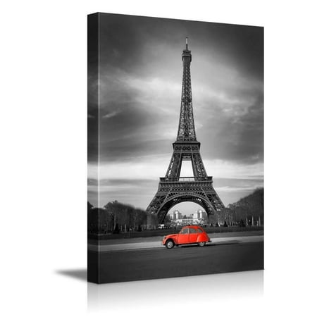 Red Canvas Art Eiffel Tower in Black and White and Old Red Car Retro Vintage Style ( - Canvas Art Wall Decor - 32