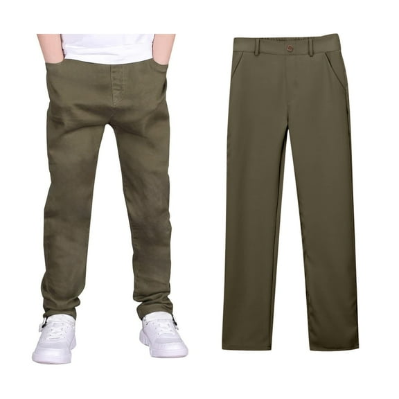Boys Stretch Pull On Chino Pants Comfortable School Twill Flat Front Trousers for Youth