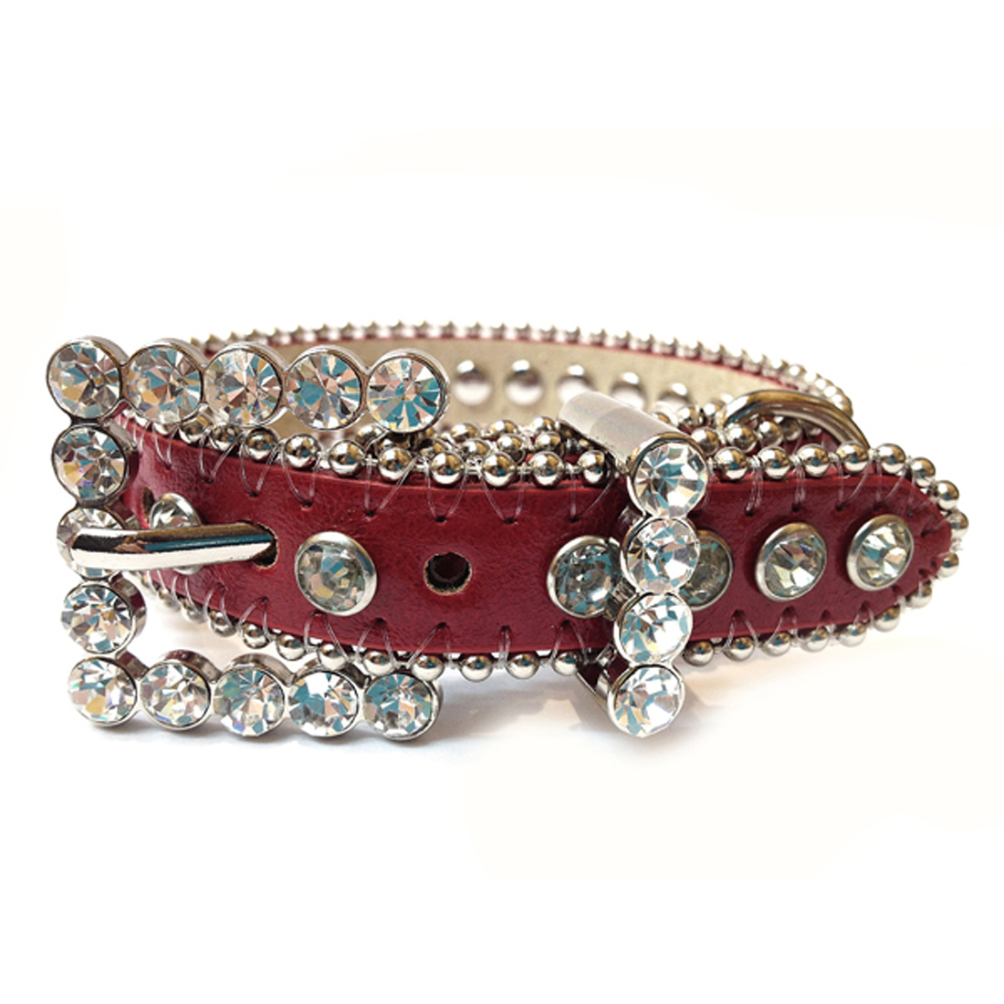 Red Leather Dog Collar with a Row of High Quality Clear Rhinestones