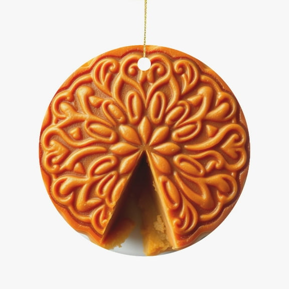 Chinese Moon Cake, China Asian Mooncake Dessert Cuisine Food Themed Double Sided Ceramic Foodie Novelty Holiday Christmas Xmas Ornament Gift (Flat Printed Design, NOT 3D)
