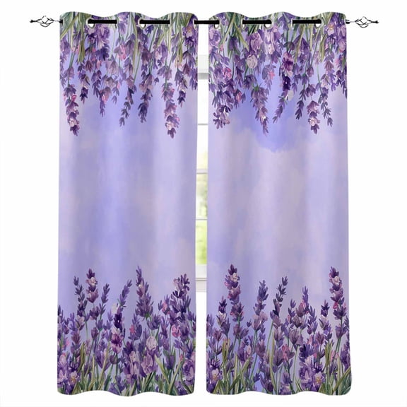 Purple Lavender Black Out Curtains 84 Inch Long for Living Room, Spring Watercolor Wild Flowers Plant Blackout Curtain Shade Thermal Insulated Window Curtains Grommet Drapes 42"x84" 2 Panels