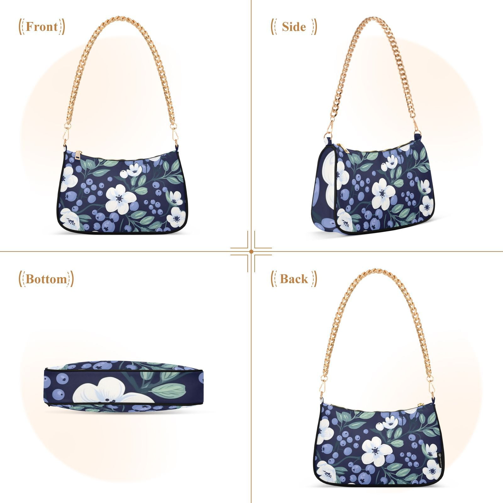 Blueberries Flowers Leaves FloralWomen Small Shoulder Bag Crossbody Tote Hobo Bags Purse Clutch Handbags with Chain Strap for Women