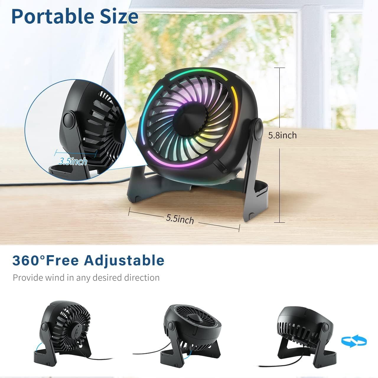 VOCOO Small USB Desk Fans - 5.3 Inch Portable Table Fans with 3 Levels Air Flow, 8 Color LED Lights, 360° Rotation, Quiet Mini Personal Fan for Home Office Desktop