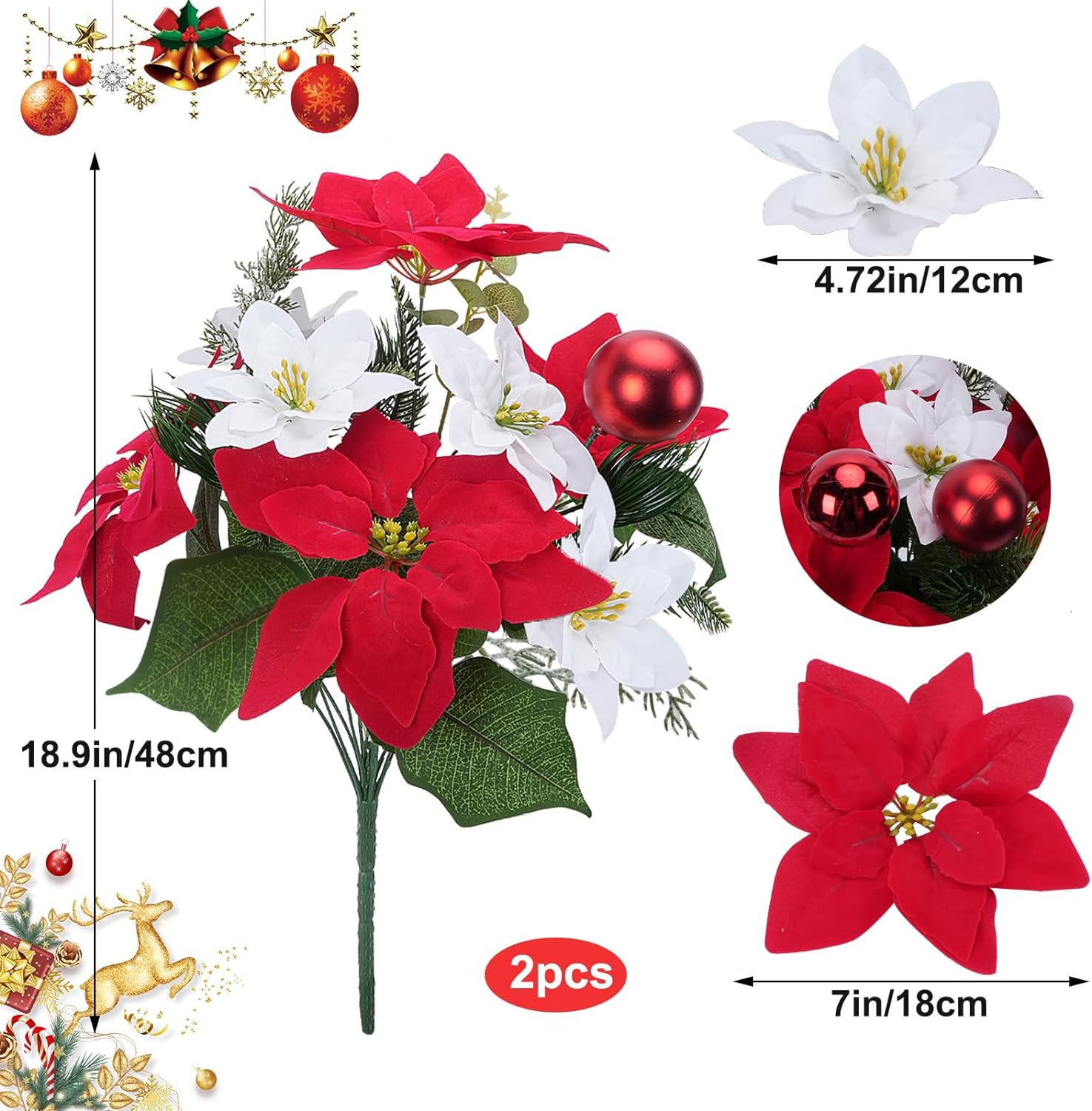 Christmas Artificial Flowers Poinsettia Bouquet Mixed Christmas Bush Winter Flowers Arrangment for Home Kitchen Decor Holiday Cemetery 9in