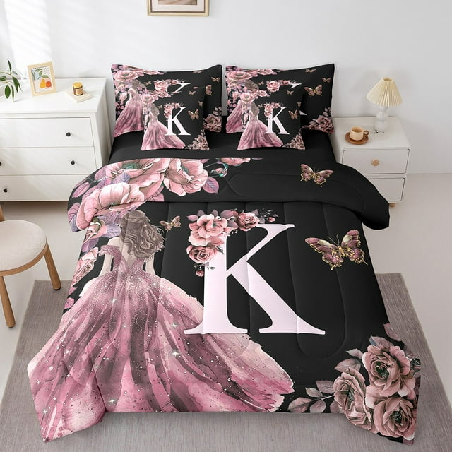 Erosebridal Literie Lettre K Initiale Format Double, Ensembles de Literie Fleur de Rose Format Double, Ensemble de Lit Réversible Robe de Princesse à Paillettes, Déco de Chambre Légère, 7 Pcs