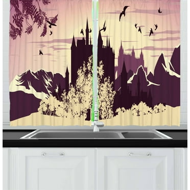 Ambesonne Cartoon Kitchen Curtains, Castle in Mountains, 55"x39", Dark Purple Cream