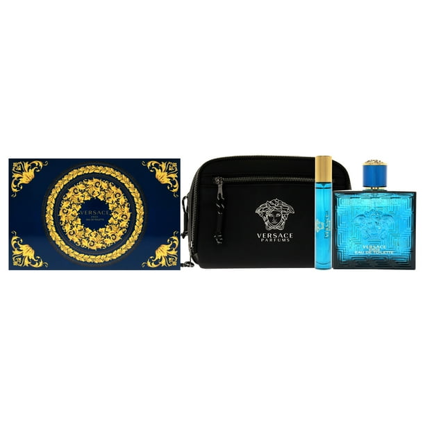 Versace Eros by Versace for Men - Set de regalo de 3 piezas 3.4oz EDT Spray, 0.3oz EDT Spray, bolsa Versace EDT100ml/EDT10ml/Estuche Caballero