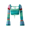 thumbnail image 6 of Boiiwant Women Knitted Crop Tops Flared Long Sleeve Square Neck Tie Up Drawstring Knitwear Color Block Crochet Hollow-out Short Sweater, 6 of 9