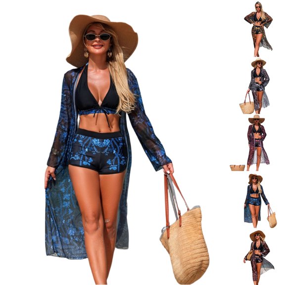Women's Three Piece Bikini Set Sexy Multi Color Printed Mesh Cover Up Swimsuit for Beach Party,Black,L