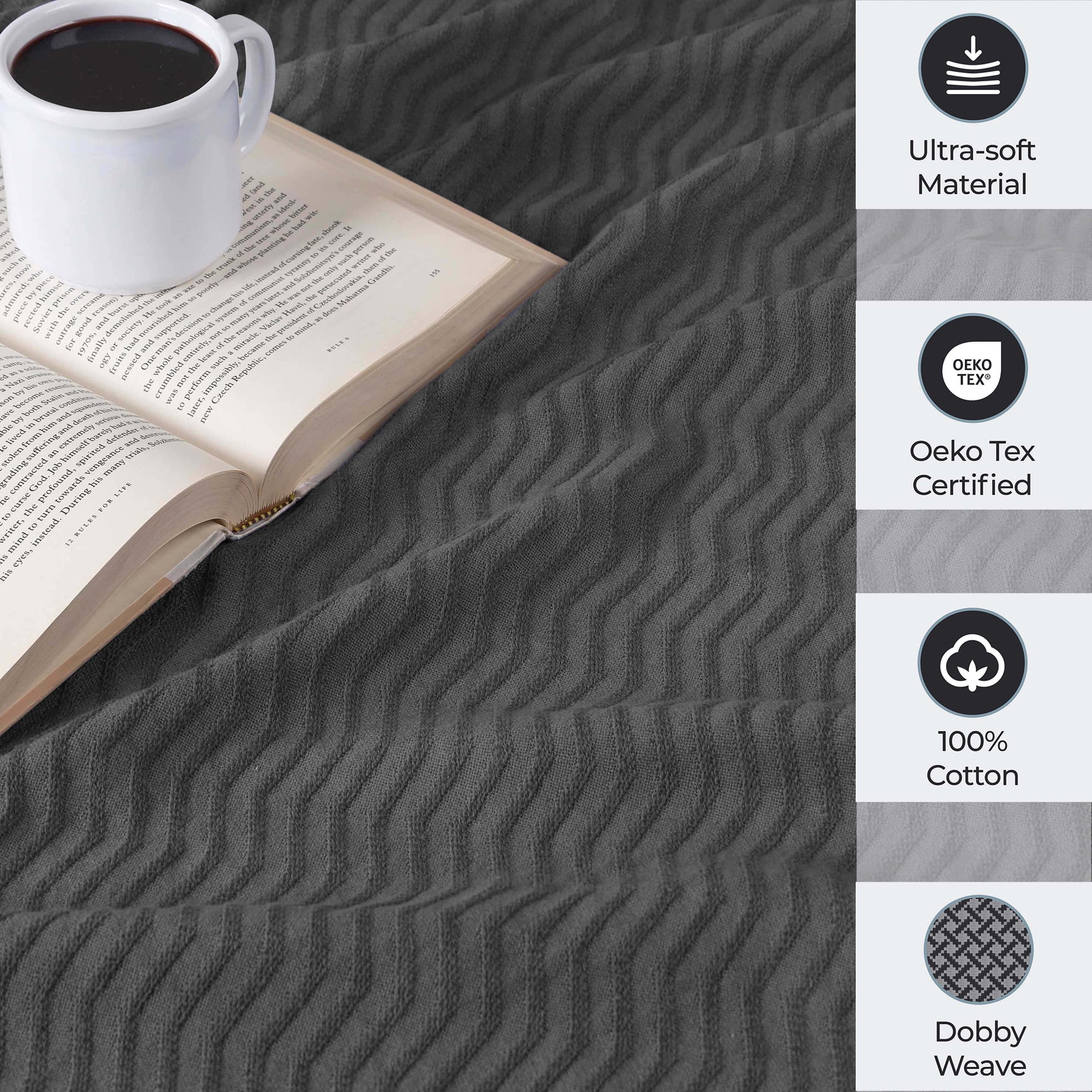 Superior Jena Cotton Textured Chevron Woven Blanket, King, Charcoal
