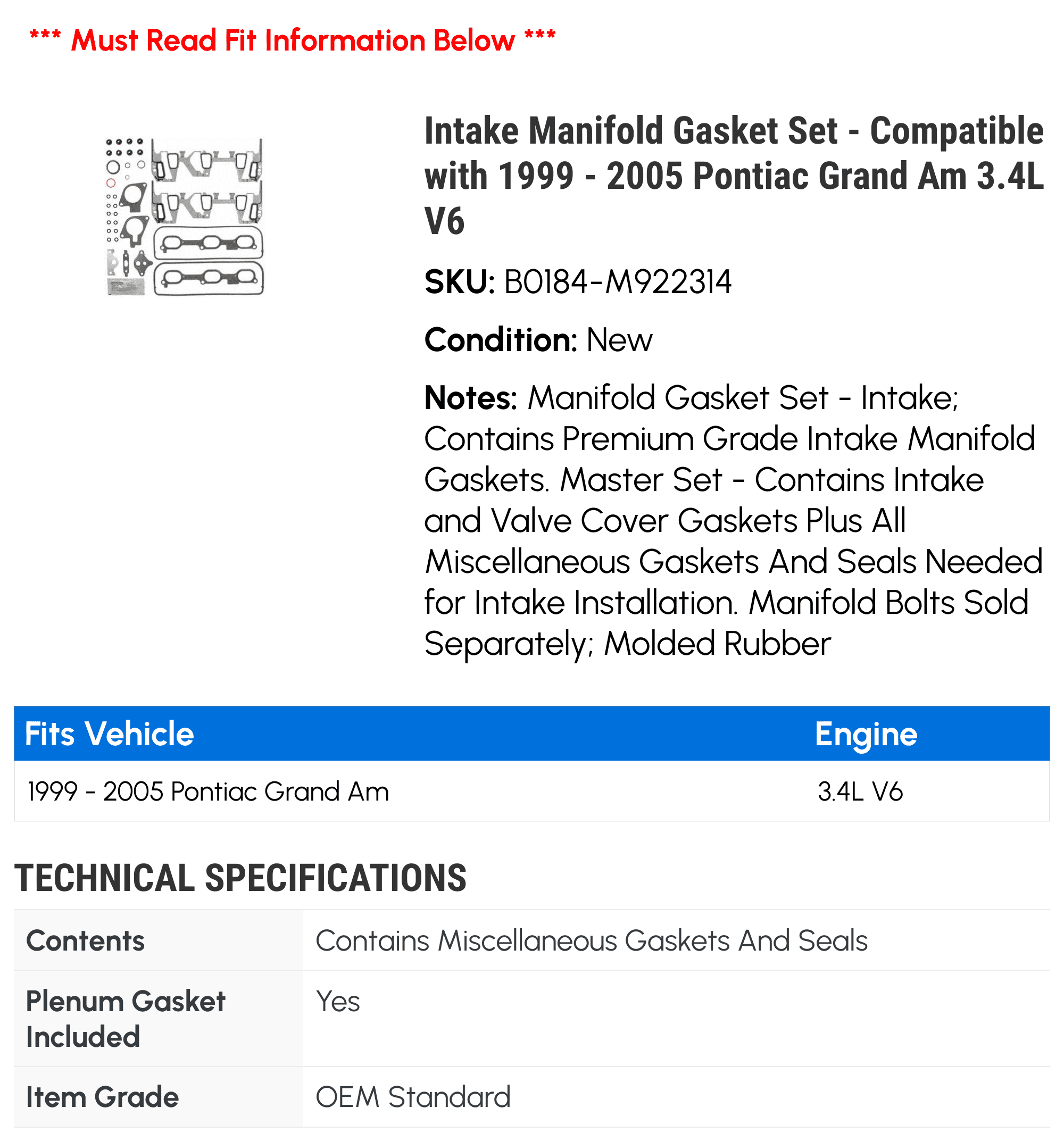 Intake Manifold Gasket Set - Compatible with 1999 - 2005 Pontiac Grand Am 3.4L V6 2000 2001 2002 2003 2004