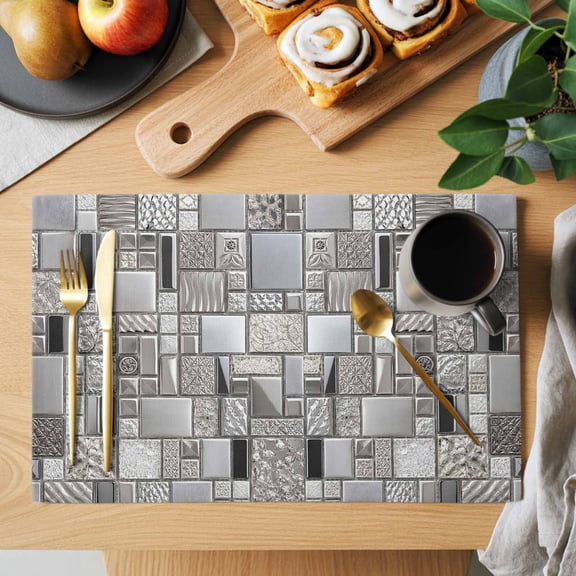 Square Metal Tiles Placemats Set of 6, Vintage Sliver Gray Ornate Embossed Relief Grid Heat Insulated Linen Place Mats, Washable Stain-Proof Table Mats for Dining Tables Holiday Decor 13x19 Inches
