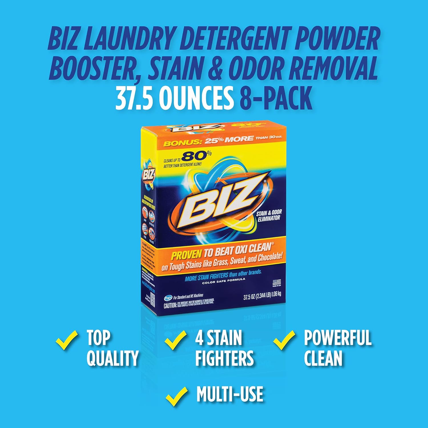 Biz Laundry Detergent Powder Booster, Stain & Odor Removal - 8-Pack, 37.5 Ounce Boxes