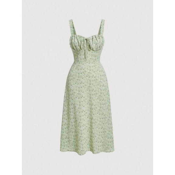 Pastel Green Ditsy Floral Tie Front Ruched Bust Midi Cami Dress For Women