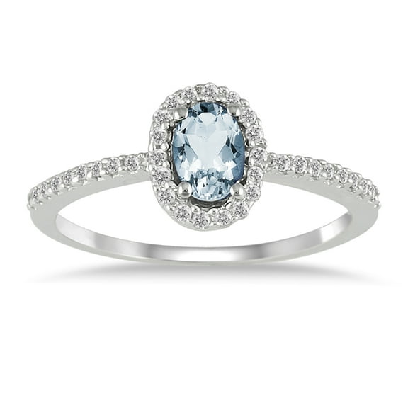 SZUL Women's Aquamarine and Diamond Halo Ring in 10k White Gold