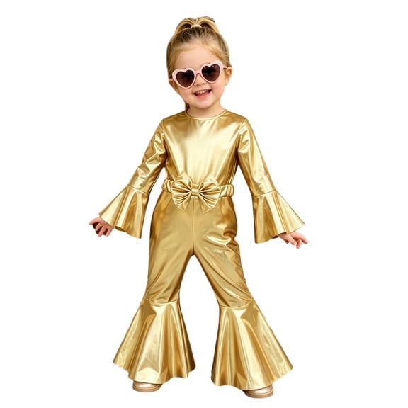 Hansber 0-5T Kids Girls Metallic Long Sleeve Flare Pants Bell Bottom Jumpsuit Disco Party Romper Gold 18-24M