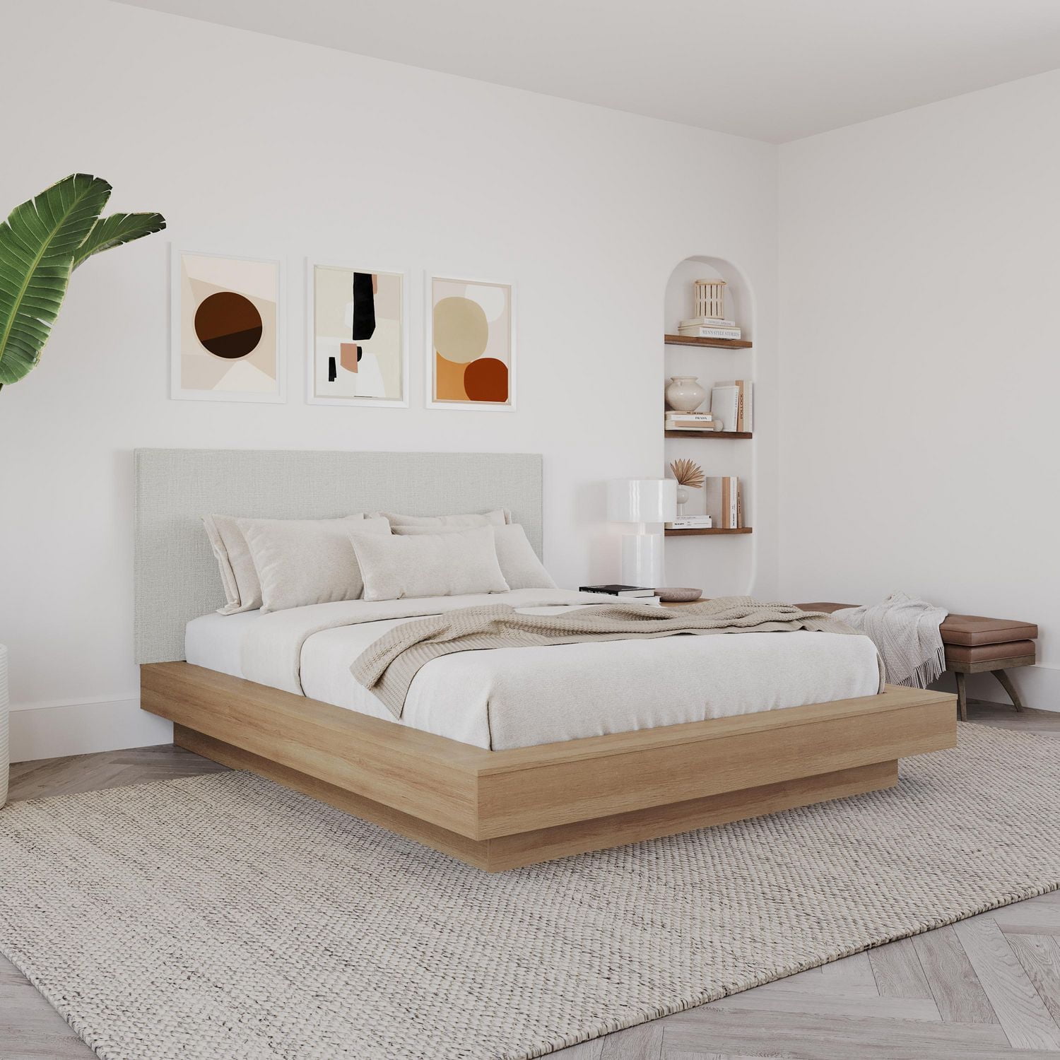 Ensemble de chambre à coucher Julian 3 pièces avec lit plateforme, tête de lit rembourrée et table de chevet