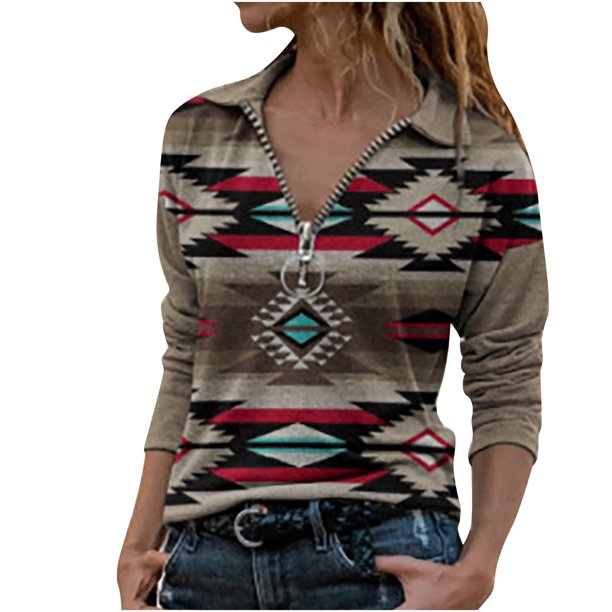 Mujeres Casual Folk-Custom Impreso Pullover Manga larga Cremallera Turn-down Collar Blusa Tops Sudaderas Fridja ghj987+7061
