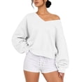thumbnail image 4 of NominalSnug V Neck Sweatshirt for Women Drop Shoulder Fleece Plain Sweatshirts Casual Long Sleeve Shirts, 4 of 8