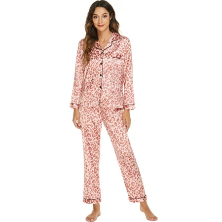 

YJ.GWL Women Silk Satin Pajama Set Button Sleepwear Homewear Nightwear 2Pcs Set