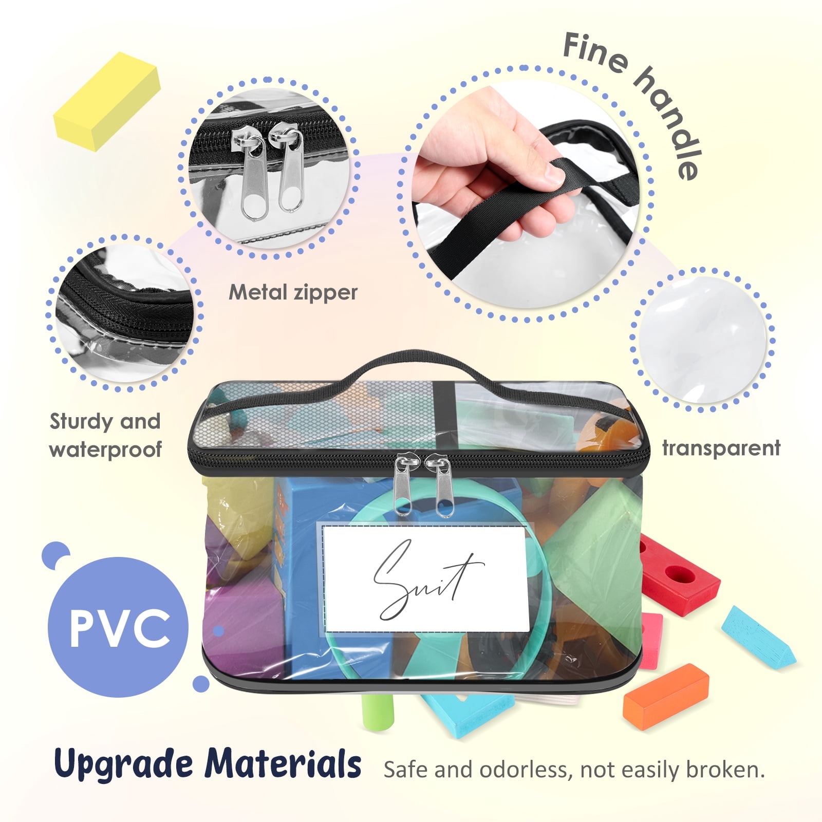4Pcs Clear Toy Storage Bag with Name Tag& Manual Pocket, Waterproof Transparent PVC Toy Organizer Case for Lego Bricks, Board Games, Building Blocks, Puzzles (Large Capacity, Black)