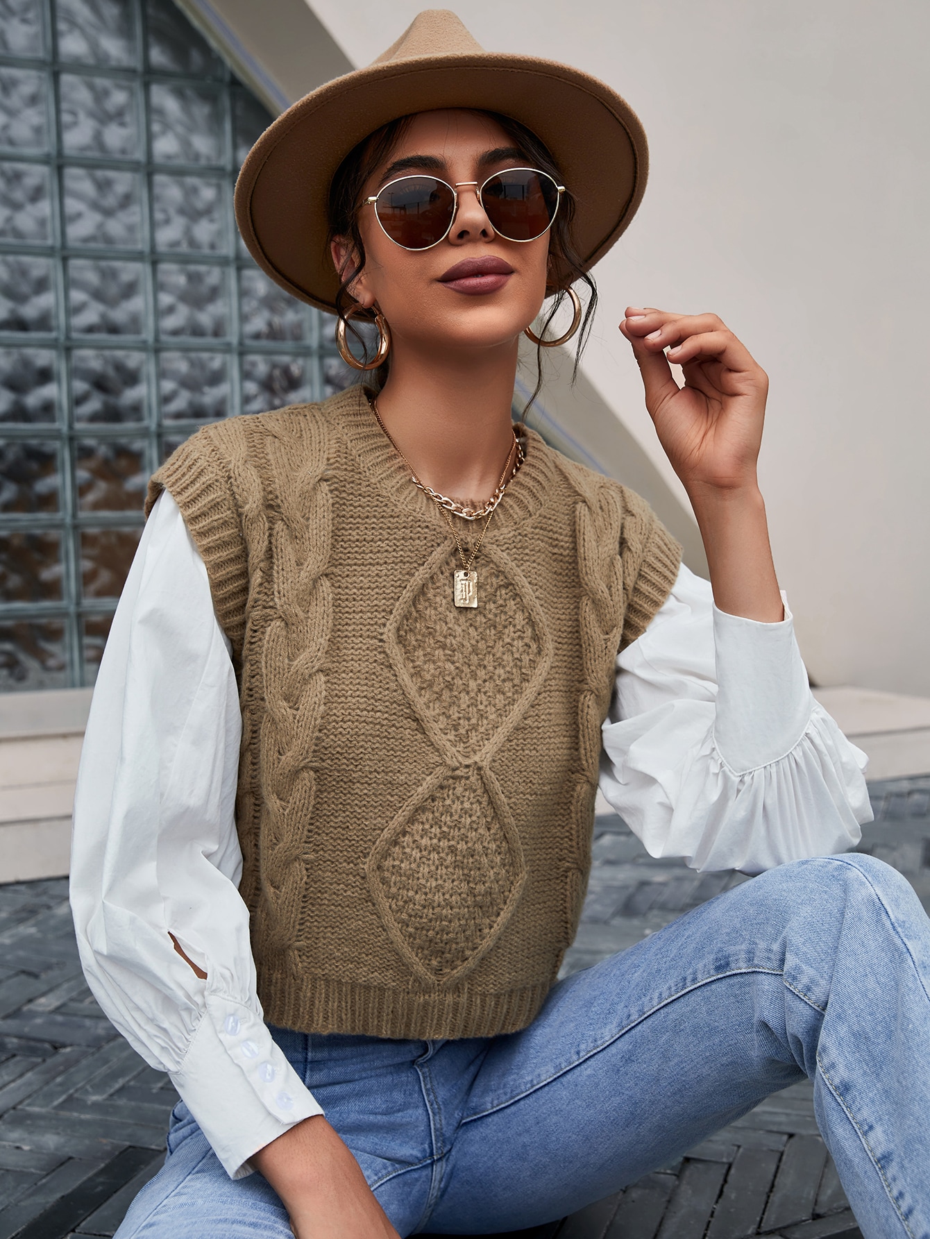 Camel Cable Knit Sweater Vest Without 