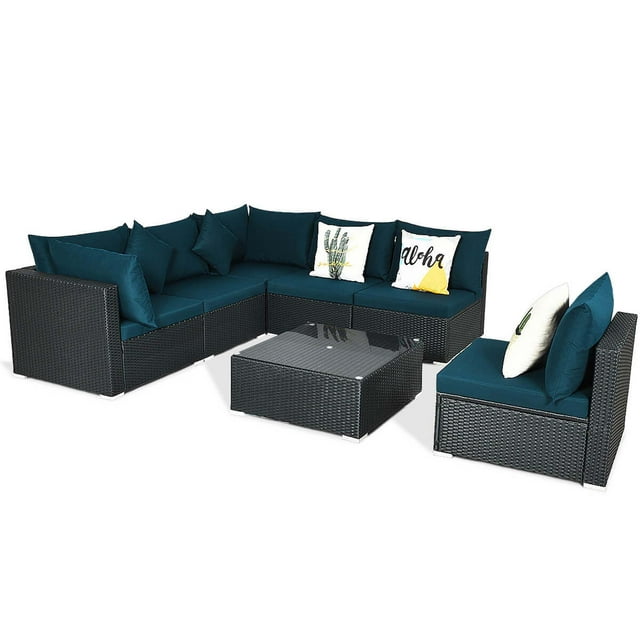 Gymax Ensemble de 7 Canapé en Rotin Sectionnel Ensemble de Mobilier de Conversation pour Patio Bleu Paon