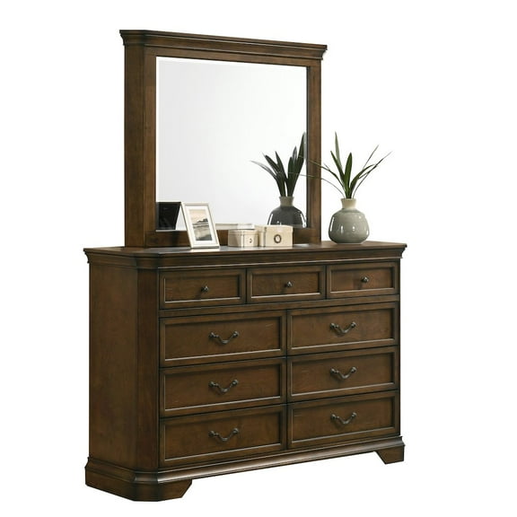 Roundhill Furniture Maderne Traditional Wood 9-Drawer Dresser with Mirror, Antique Walnut Finish