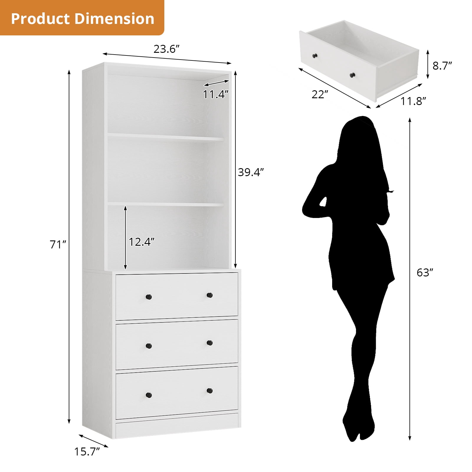 RichYa 71'' Tall Bookcase with 3 Drawers, 3-Tier Open Display Bookshelves, Freestanding Storage Cabinet for Home Office,Living Room,White