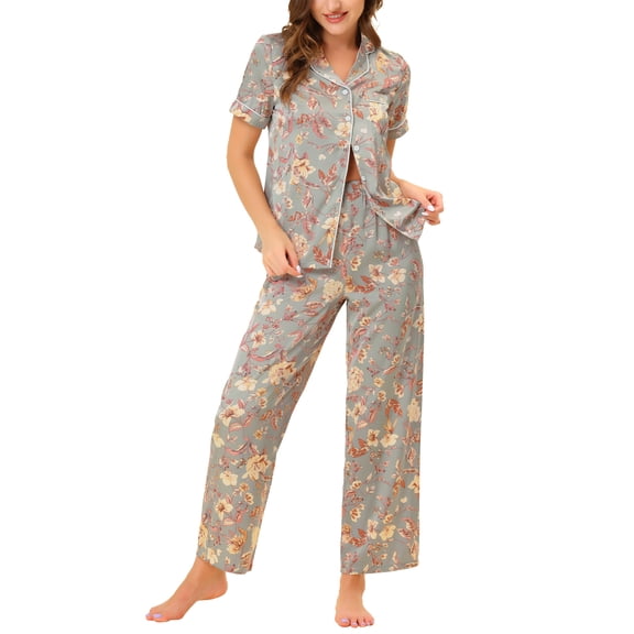 Unique Bargains Women's Pajama Set Silk Short Sleeves and Pants Floral Satin Sets
