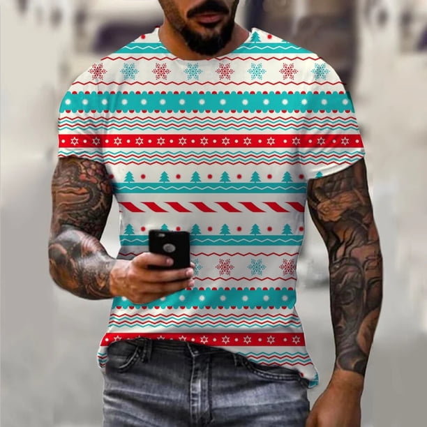 Camiseta con estampado 3D de Papá Noel y alce navideño para hombre, ropa informal suelta con cuello redondo, camisetas de verano, pantalón corto informal, Tops de manga, ropa para hombre